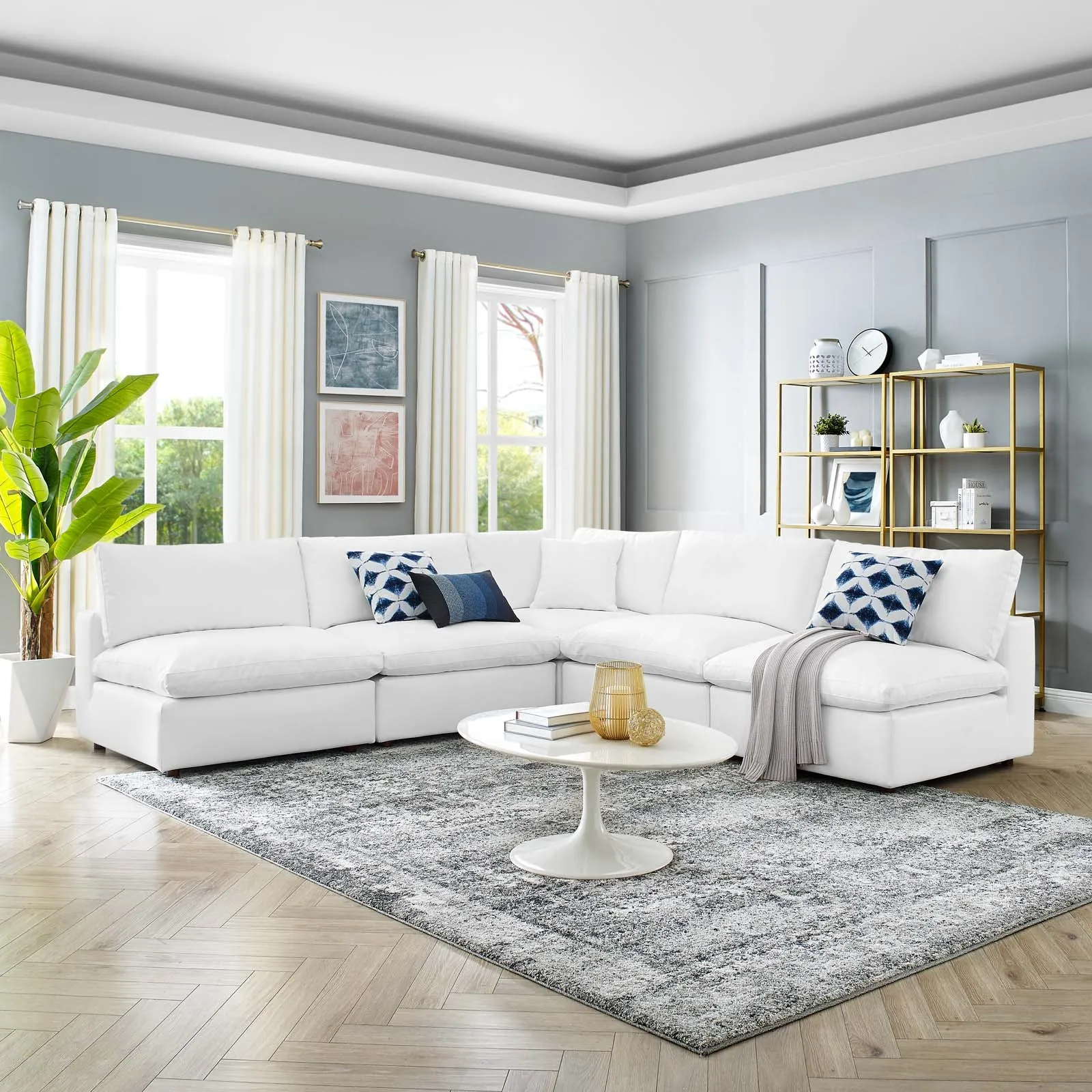 Commix  Down Filled Overstuffed Vegan Leather 5-Piece Sectional Sofa