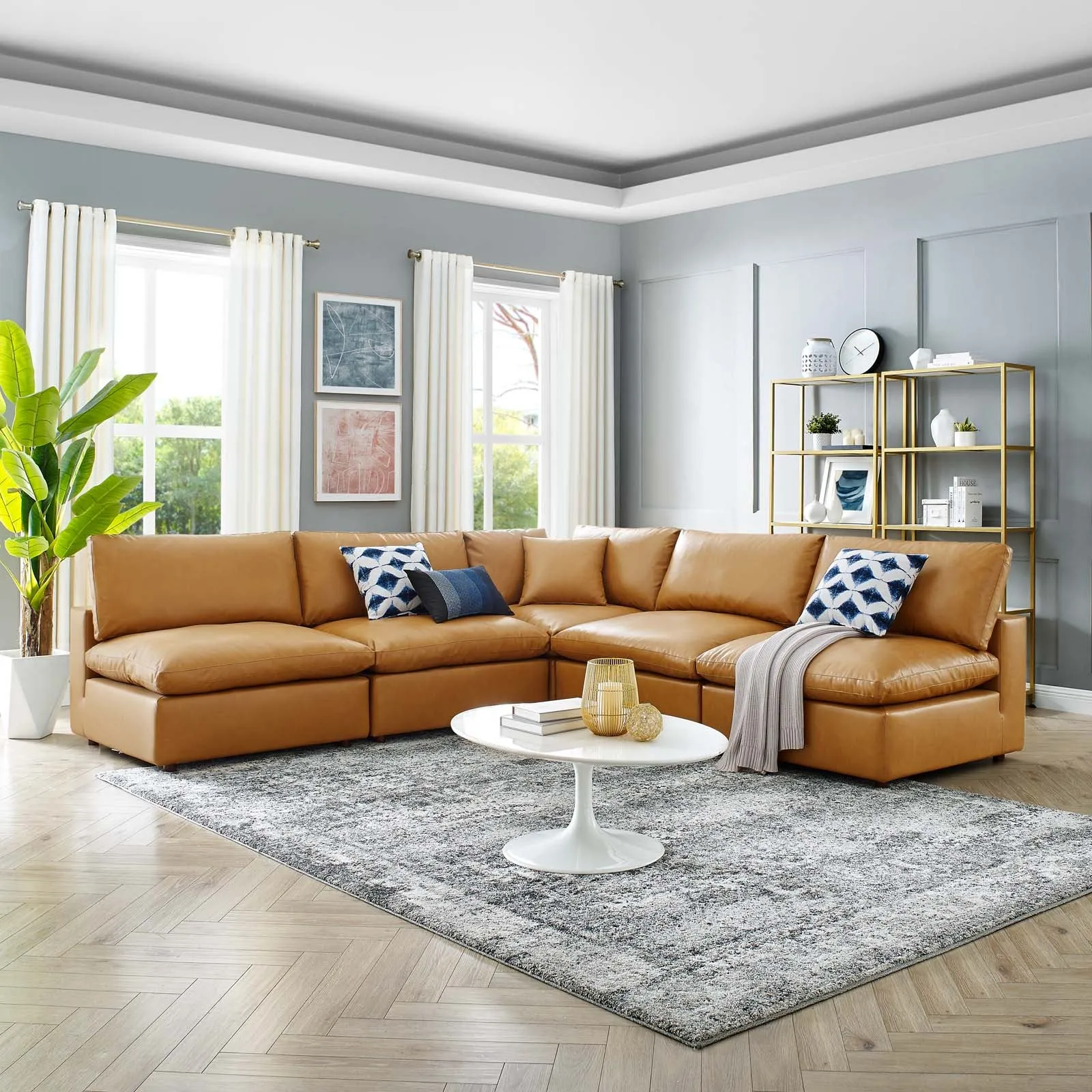 Commix  Down Filled Overstuffed Vegan Leather 5-Piece Sectional Sofa