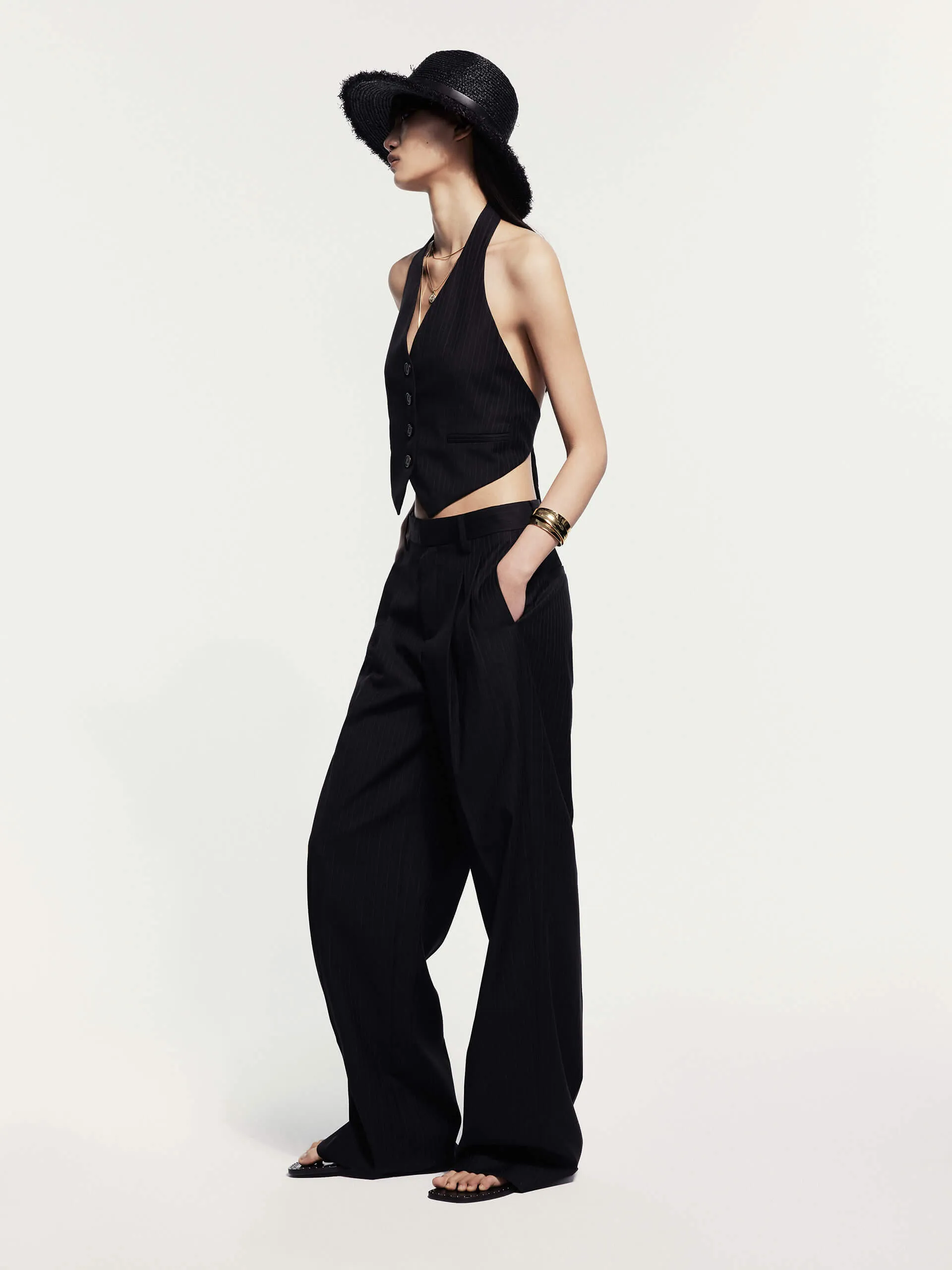 Pinstriped Wool Blend Pants
