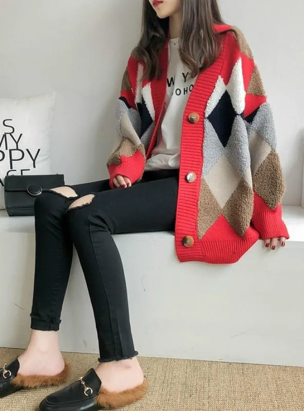 PLAID V-NECK CARDIGANS SINGLE BREASTED PUFF